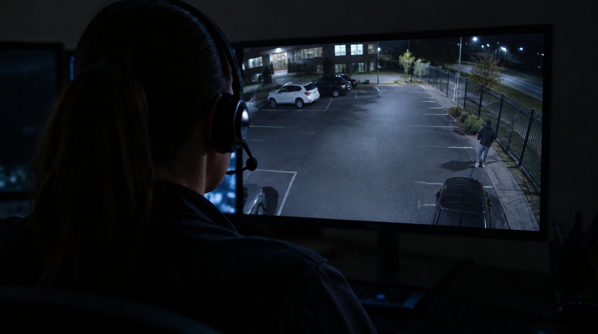 Live video monitoring operator with a headset watching a parking lot camera feed at night