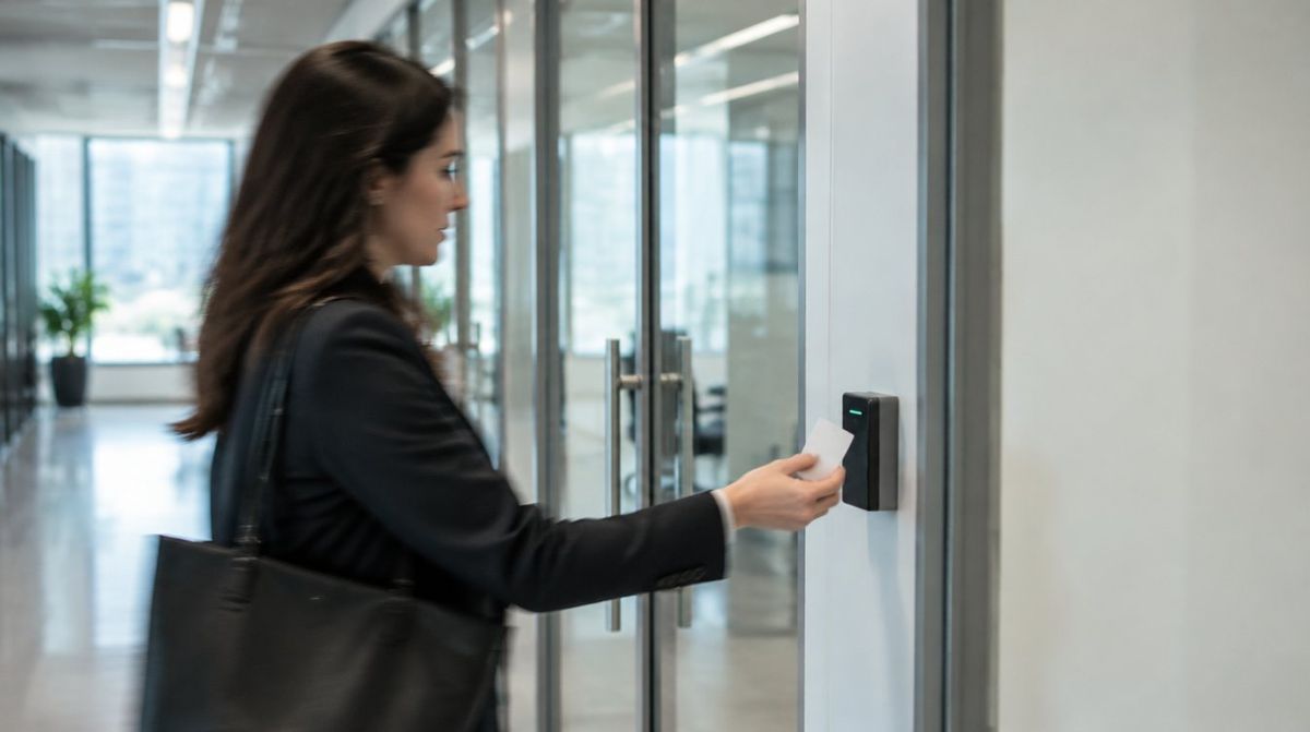 Employee holding an ID badge to a card reader at a glass office door