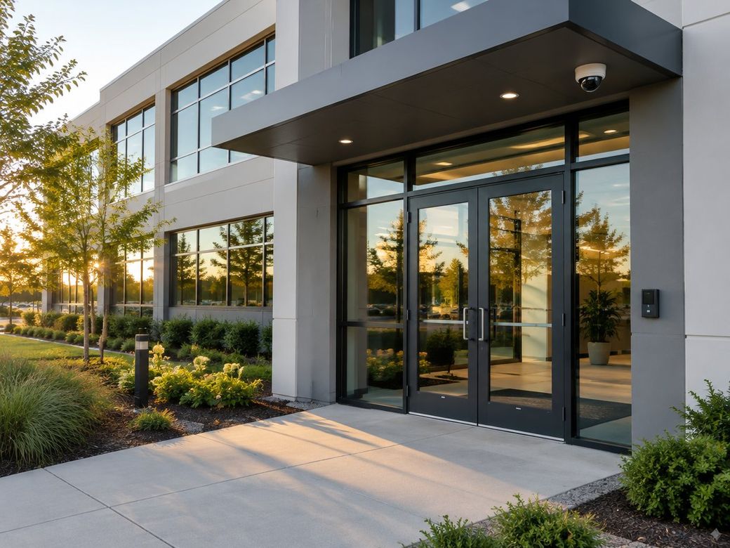 Commercial office building entrance with a card reader beside the glass doors and a dome camera above the entry
