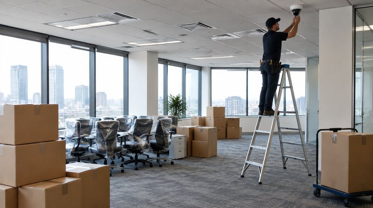 Technician mounting a dome camera in a new office space filled with moving boxes and wrapped chairs