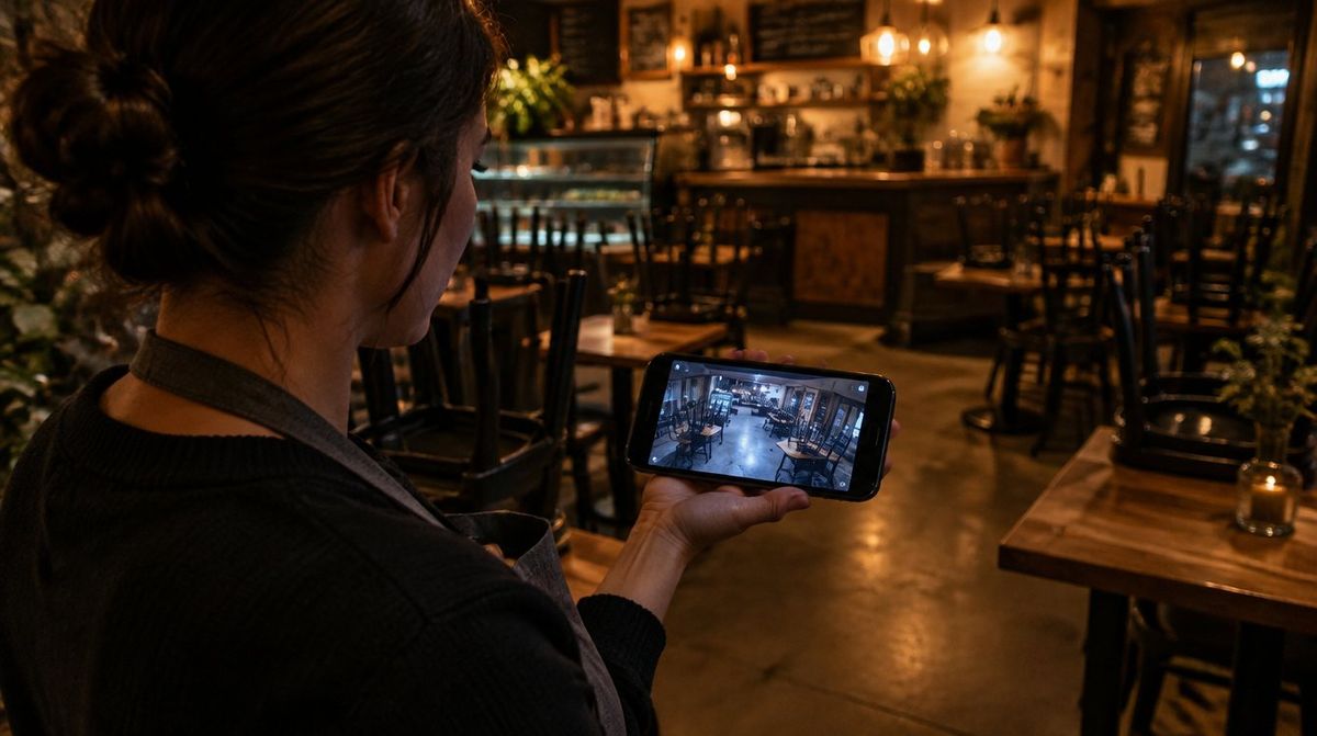 Cafe owner checking a live security camera view of the closed shop on a smartphone