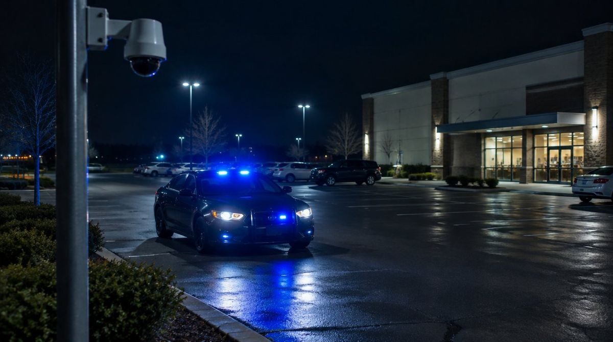 Patrol car with flashing blue lights arriving in a business parking lot at night under a security camera