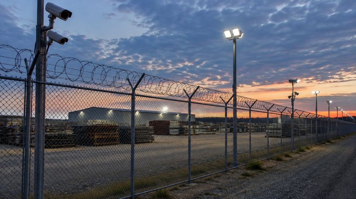 Perimeter fence with razor wire, pole-mounted security cameras and floodlights around an industrial yard at dusk