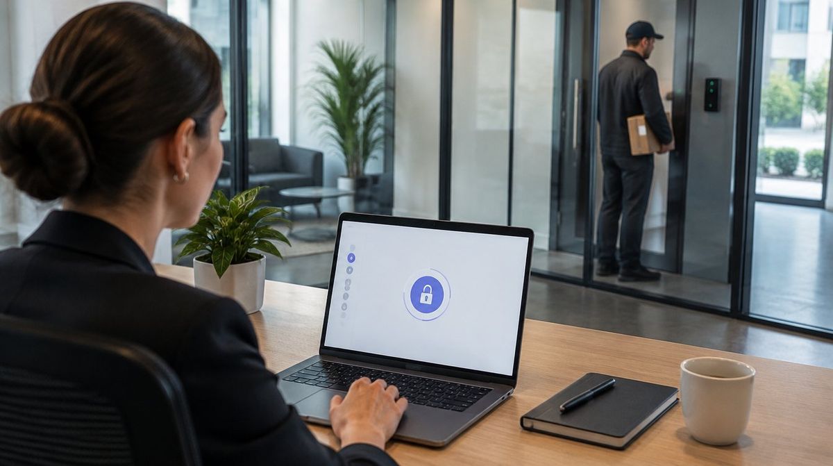 Office manager unlocking a door from a laptop while a delivery driver waits at the access reader