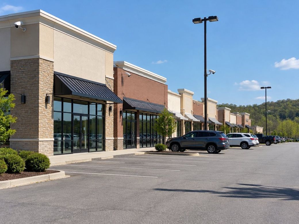 Retail shopping plaza with security cameras on the storefront facade and parking lot poles