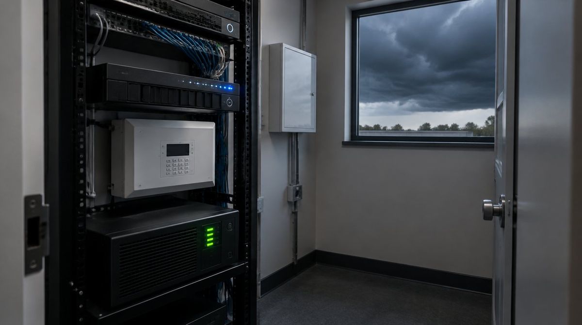 Equipment rack with a video recorder, alarm panel and battery backup in a small room as storm clouds gather outside