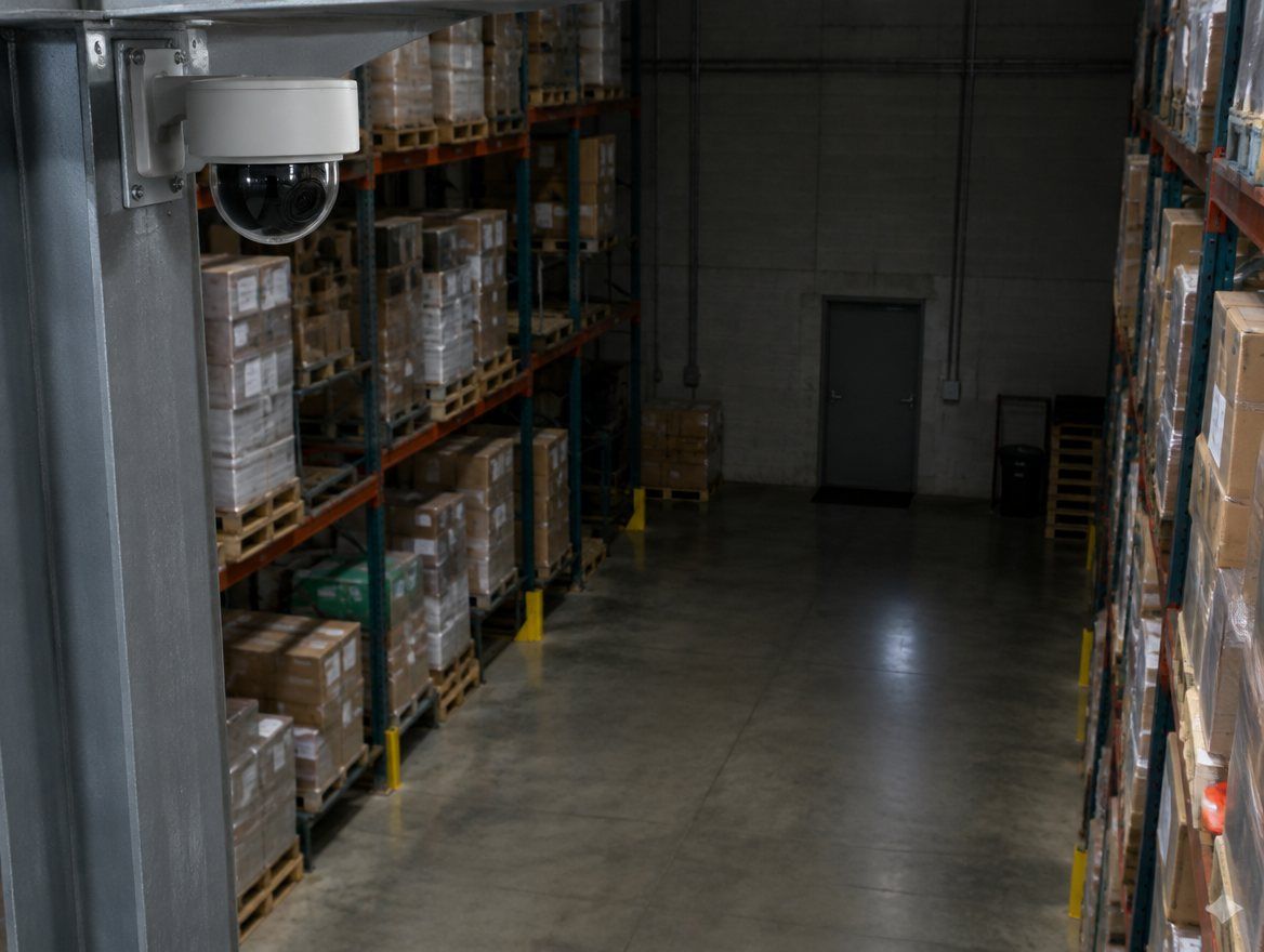 Dome security camera on a steel column overlooking warehouse pallet racking and a rear door