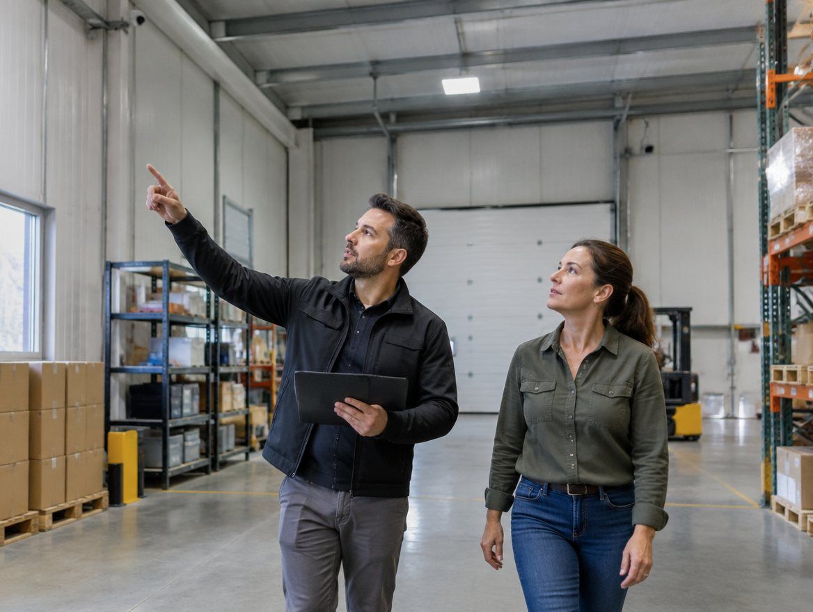Security consultant with a tablet pointing out camera placement to a business owner in a warehouse