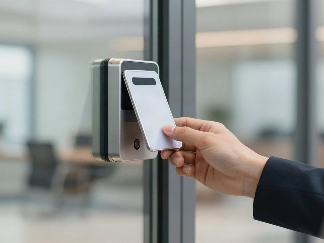 Employee tapping a key card on an access control reader beside a glass office door