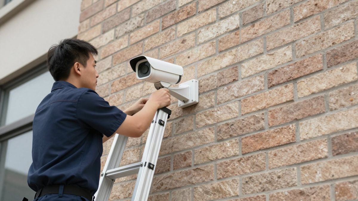 Security technician on a ladder installing a bullet camera on a brick commercial building