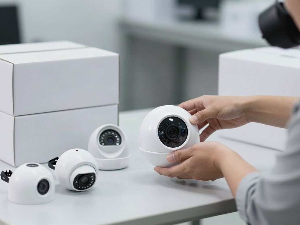 Technician unpacking new white dome security cameras on a workbench