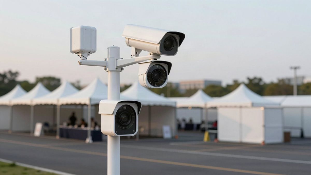 Pole-mounted security cameras watching an outdoor event area with white tents