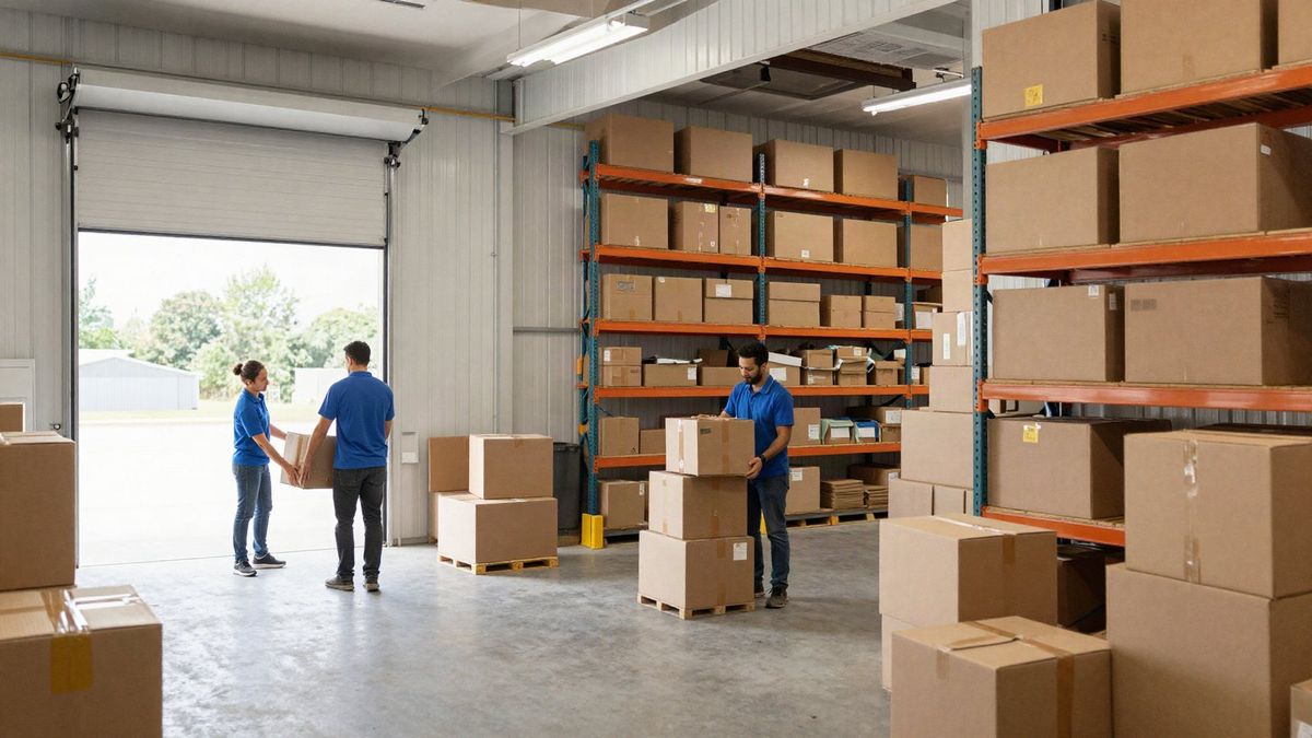 Staff moving boxes into a busy warehouse with an open loading dock door