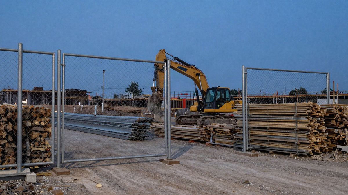 Construction site at dusk with an open chain-link gate, stacked materials and an excavator