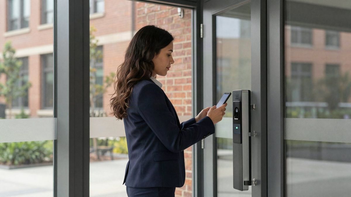 Woman using her phone at a door access reader to enter an office building