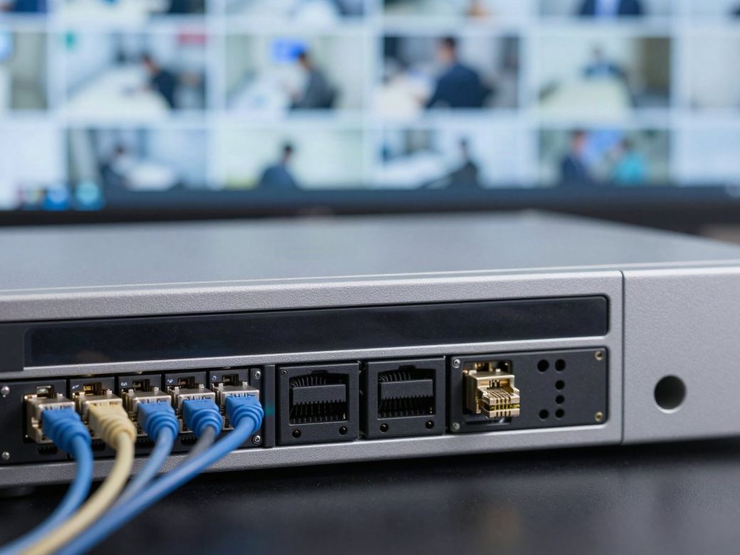 Network video recorder with Ethernet cables connected, camera views on a monitor behind it