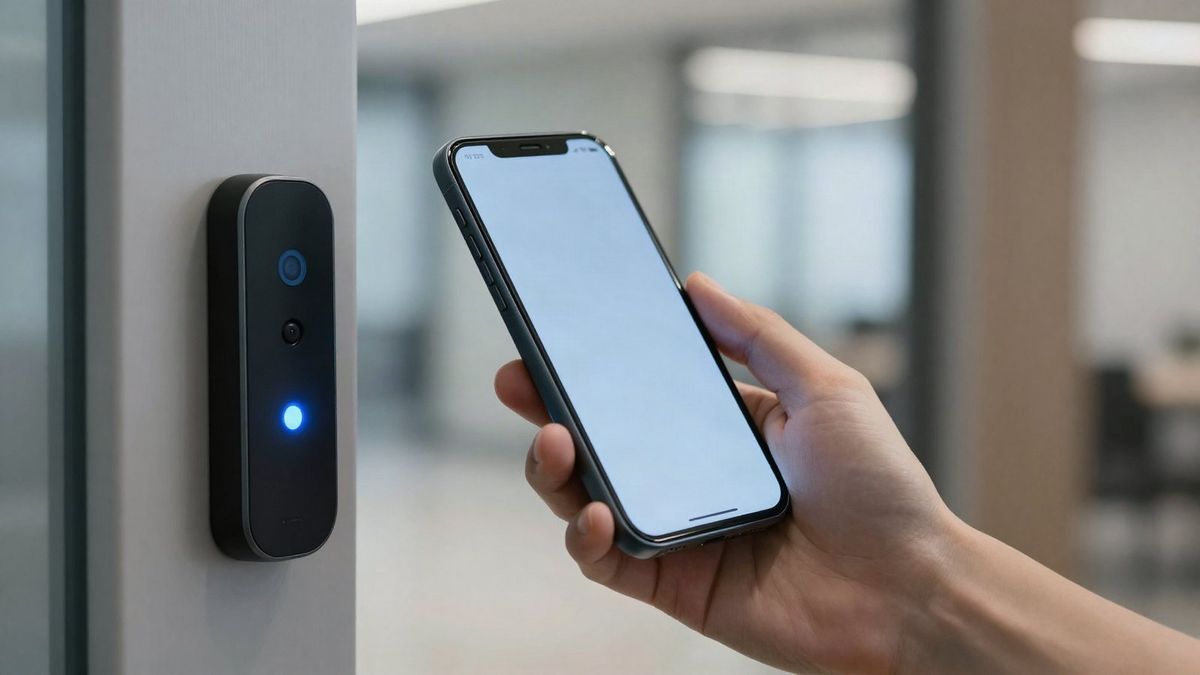 Hand holding a smartphone next to a wall-mounted Bluetooth door access reader