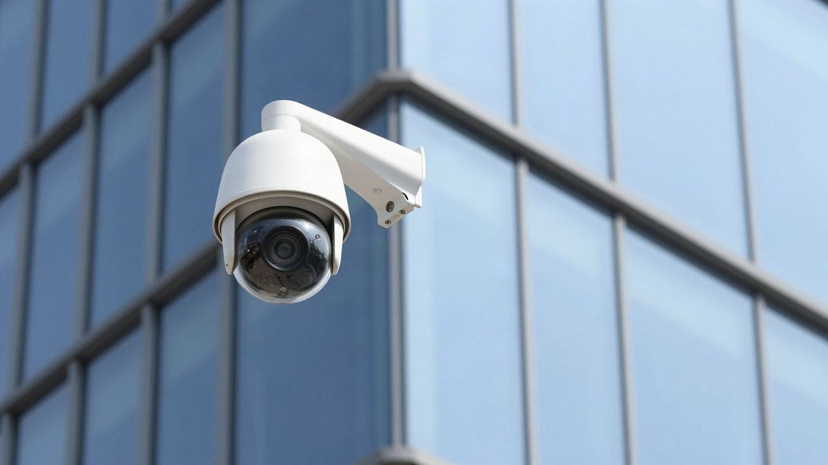 PTZ security camera mounted on the corner of a glass office building