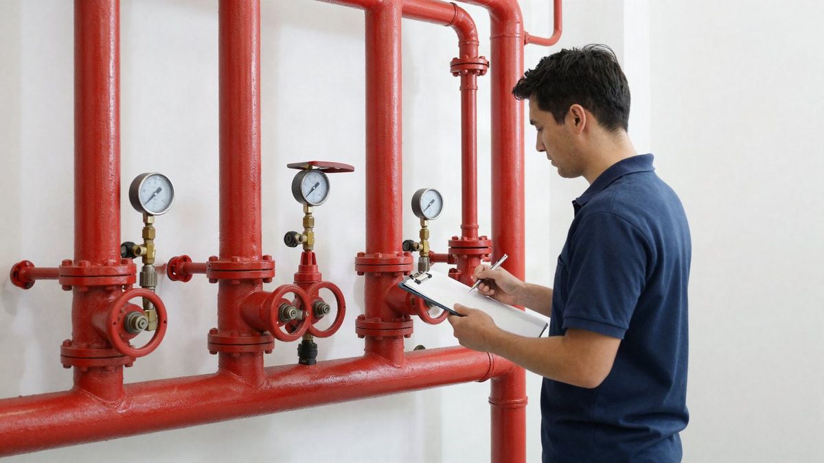 Technician with a clipboard inspecting fire sprinkler riser valves and pressure gauges
