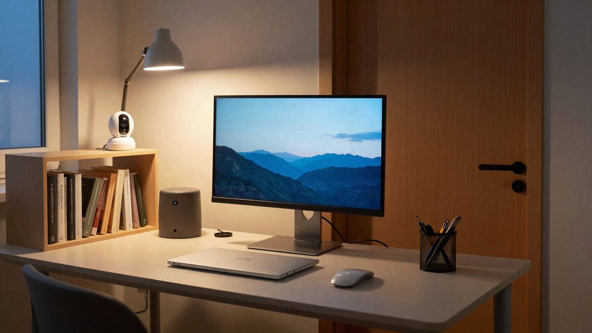 Home office desk at dusk with an indoor security camera on the bookshelf