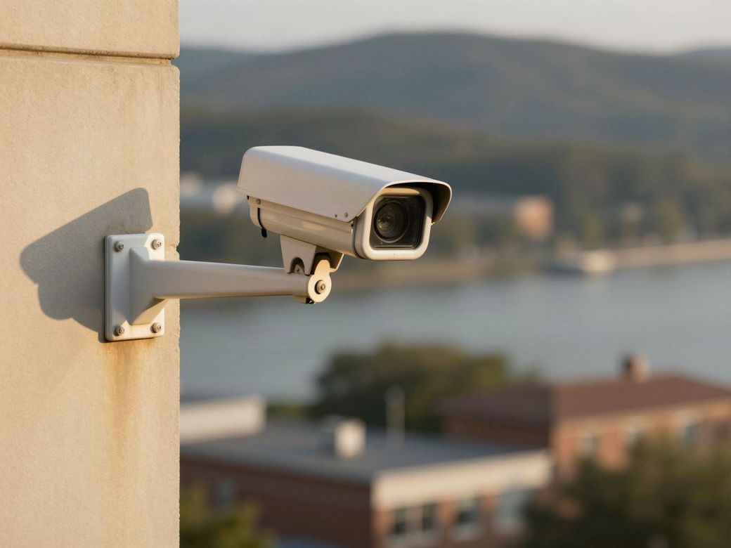Bullet security camera on a building wall overlooking a river and wooded hills