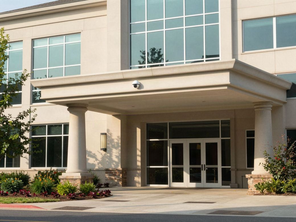 Suburban office building entrance with a dome security camera under the canopy