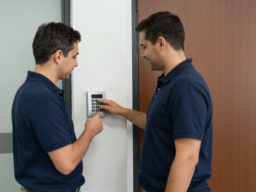Security installer showing a business owner how to use an alarm keypad beside an office door