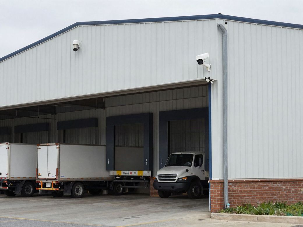 Warehouse loading docks with security cameras mounted on the metal building
