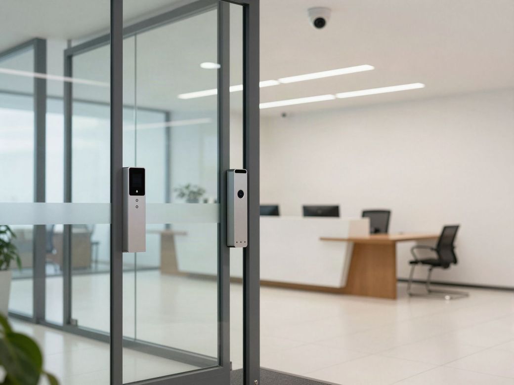 Office lobby glass doors with access control readers and a ceiling dome camera
