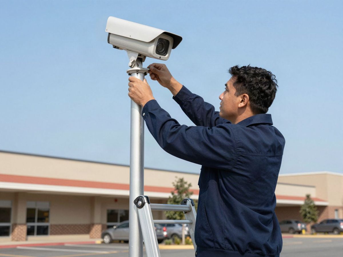 Technician installing a security camera on a light pole in a shopping center parking lot