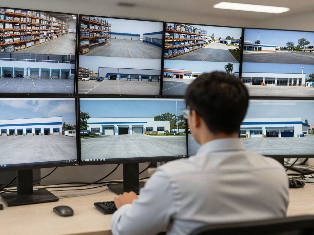 Operations manager watching camera views of several warehouse and building sites on a wall of monitors