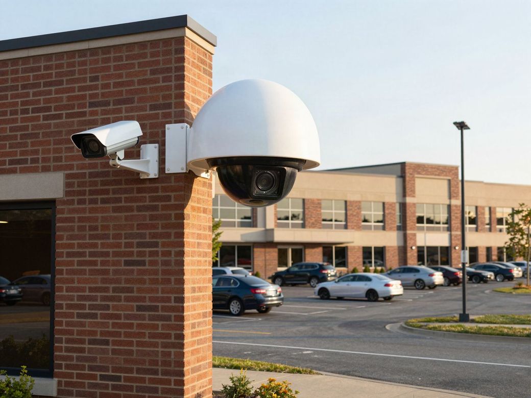 Dome and bullet security cameras on the corner of a brick office building overlooking its parking lot