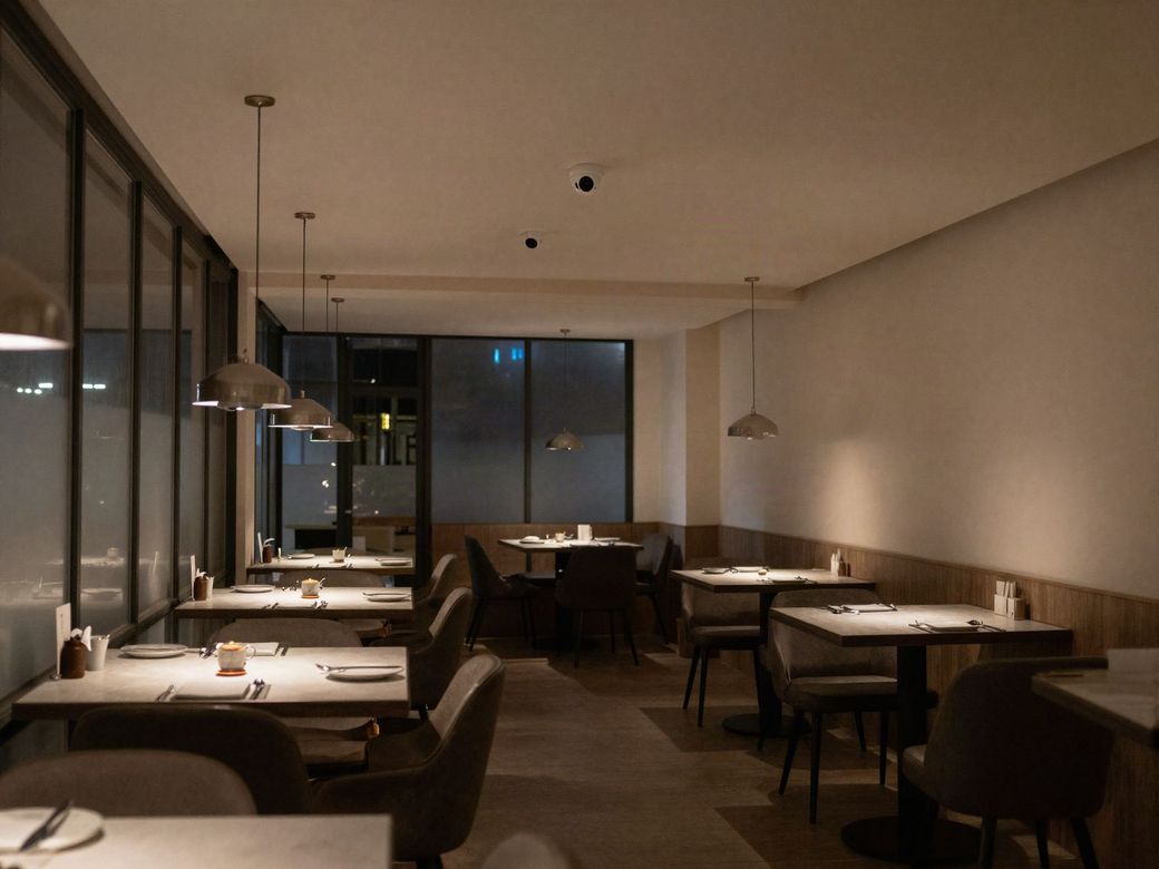 Dimly lit restaurant dining room after closing with dome security cameras on the ceiling