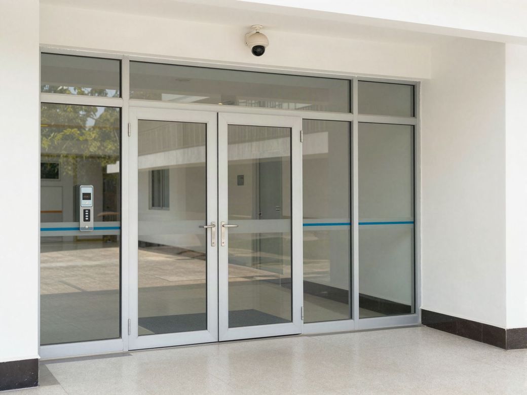 Glass entrance doors with an access control keypad and a dome security camera above
