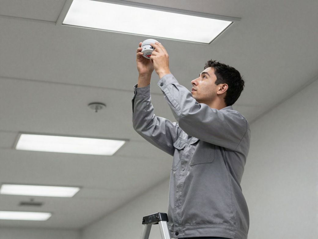 Fire alarm technician on a ladder replacing a ceiling smoke detector in an office building