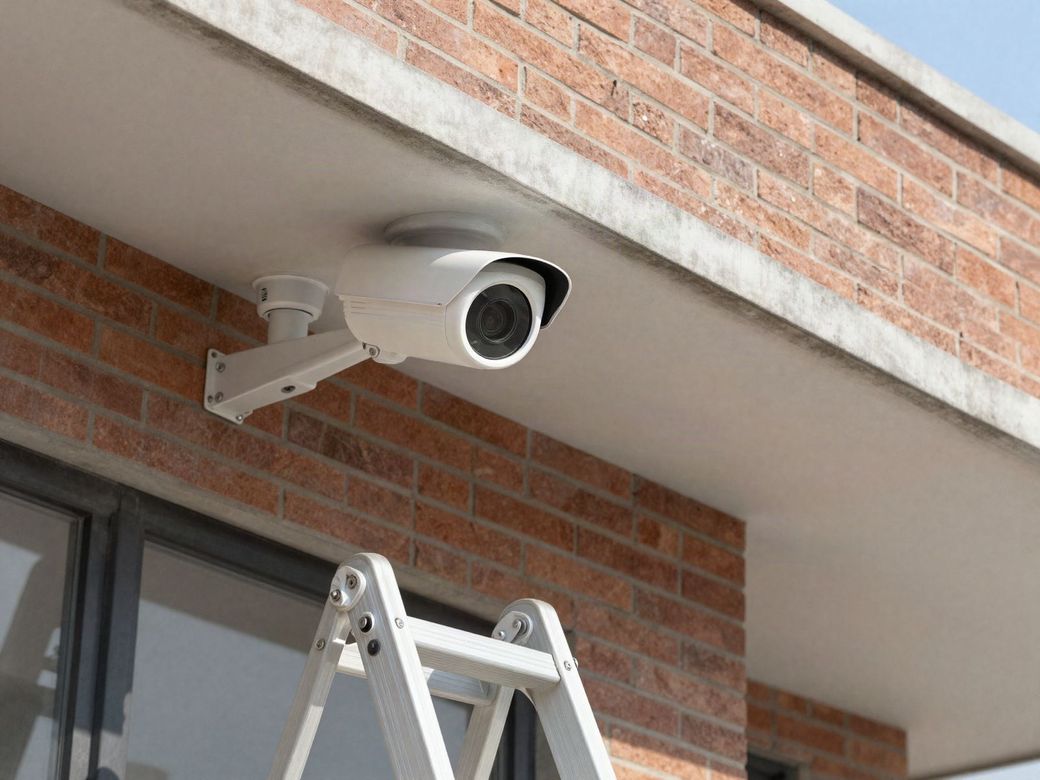 Security camera mounted under the eave of a brick commercial building with a ladder below