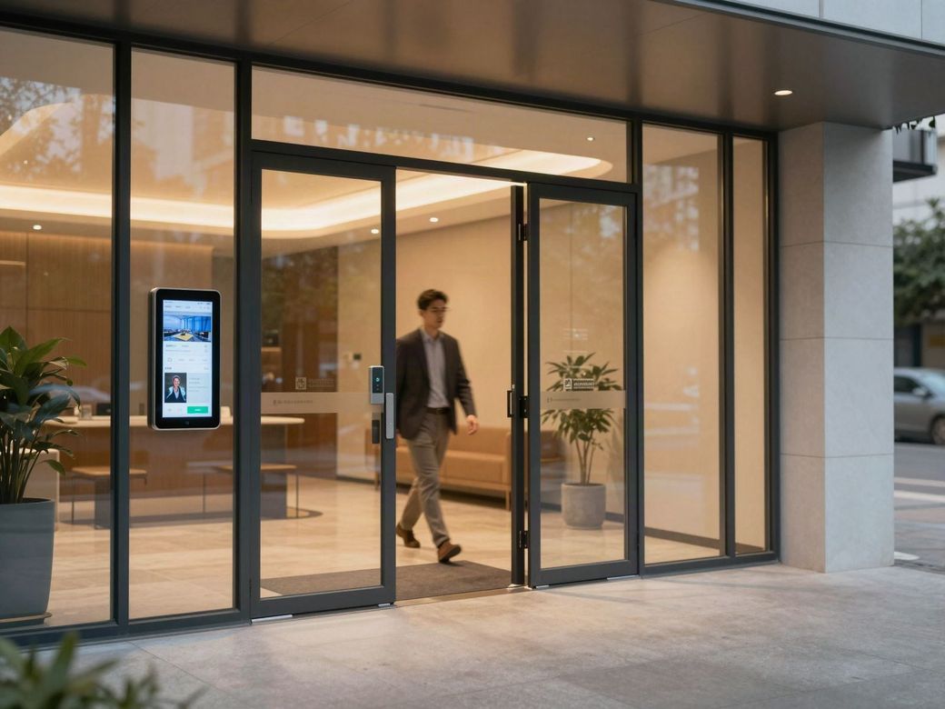 Resident walking into a glass apartment lobby entrance with a video intercom screen inside