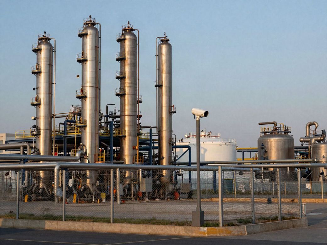 Chemical processing plant with steel columns, tanks and piping behind a chain-link perimeter fence with a security camera on a post