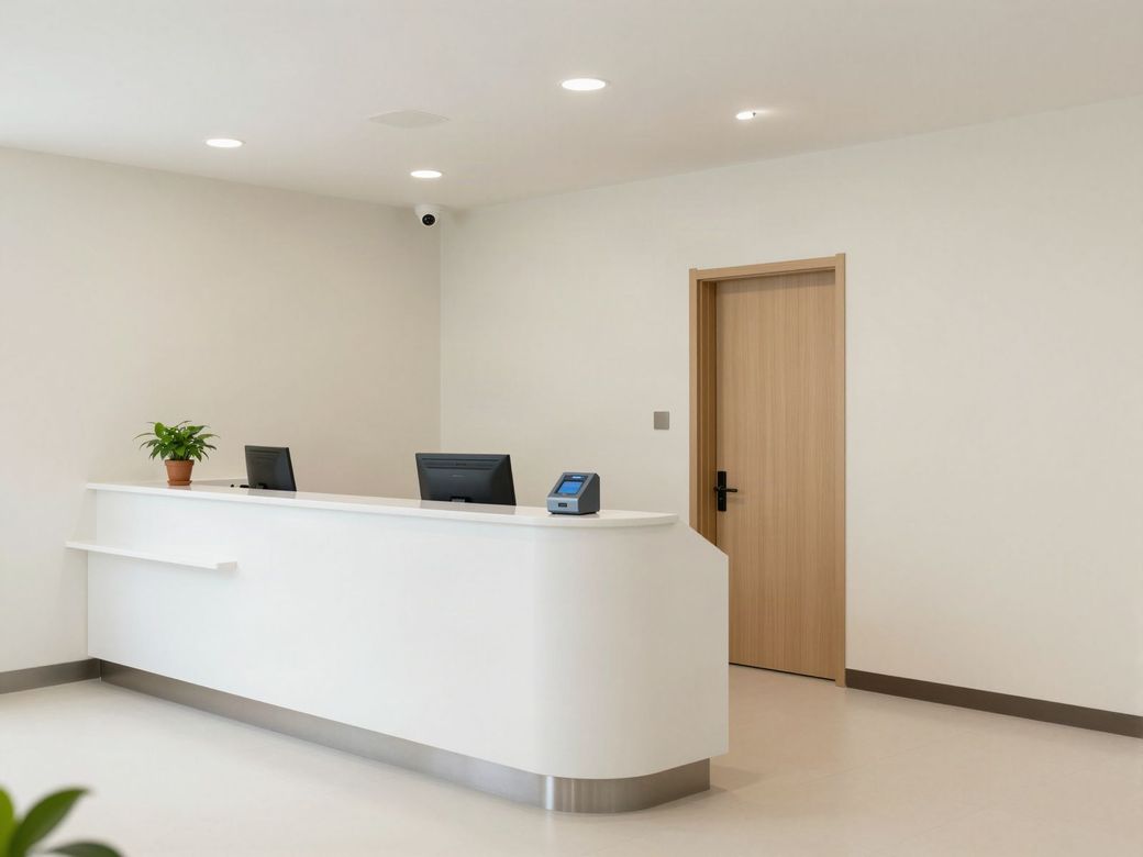 Clinic reception desk with a ceiling dome camera and a card reader at the counter beside a staff door