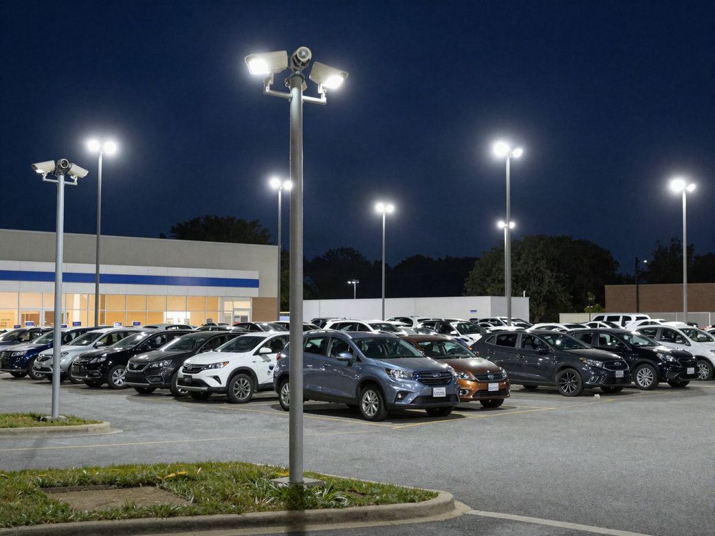 Dealership lot at night with rows of vehicles under LED lights and pole-mounted security cameras