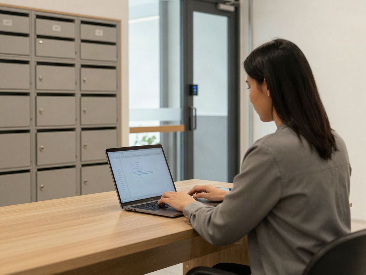 Property manager working on a laptop in an apartment leasing office beside resident mailboxes and a card-reader entry door