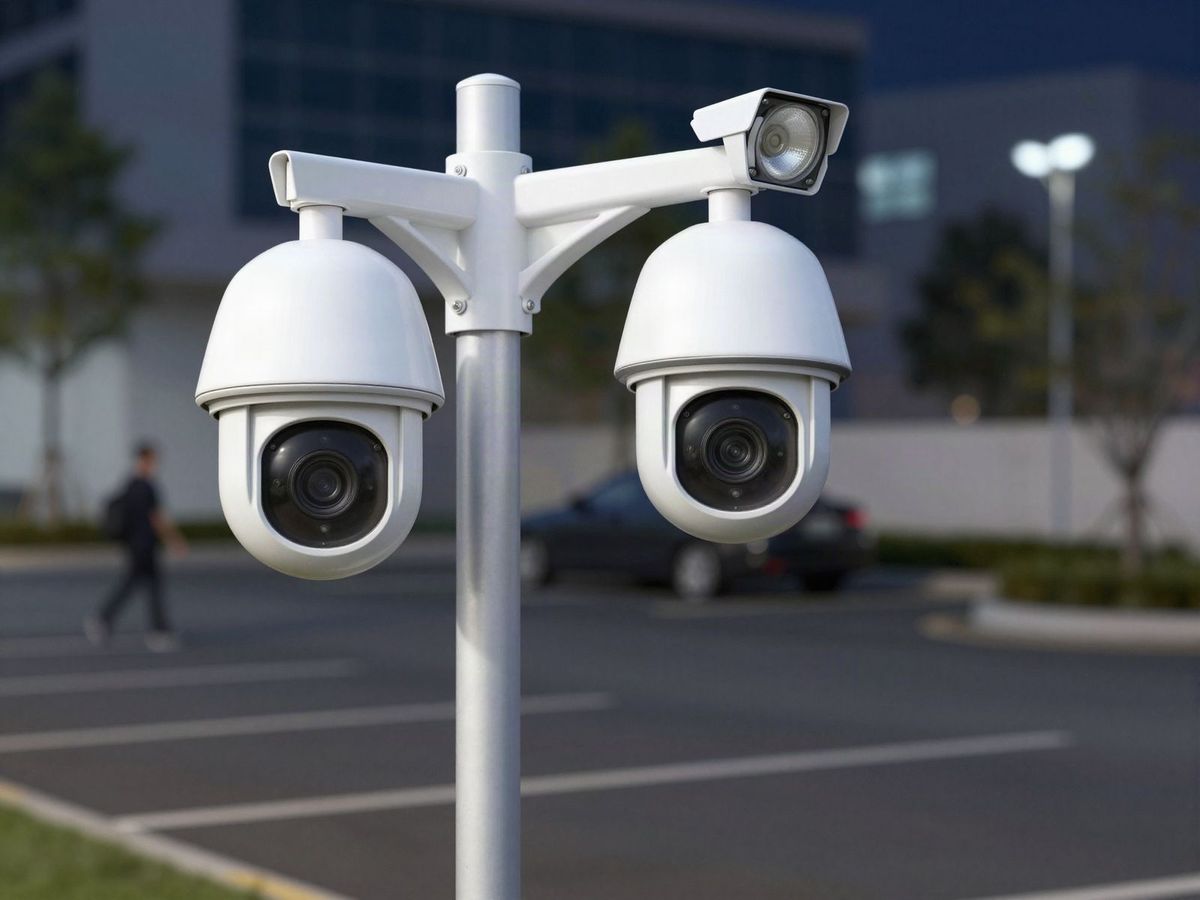 Two PTZ dome security cameras on a pole watching an office parking lot at night as a person walks past