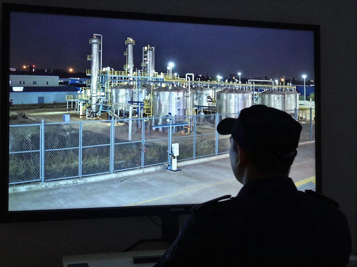 Monitoring operator watching a live night camera view of a chemical plant fence line and tanks