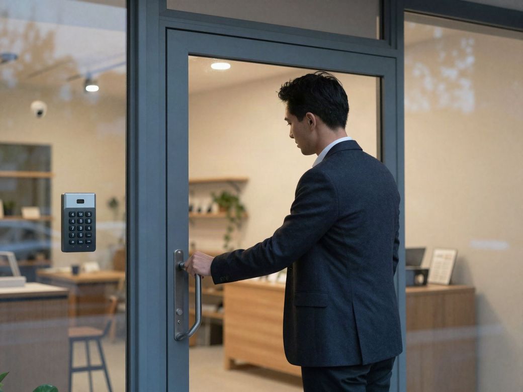 Business owner at the glass front door of a small office with an access keypad beside the door and a dome camera inside
