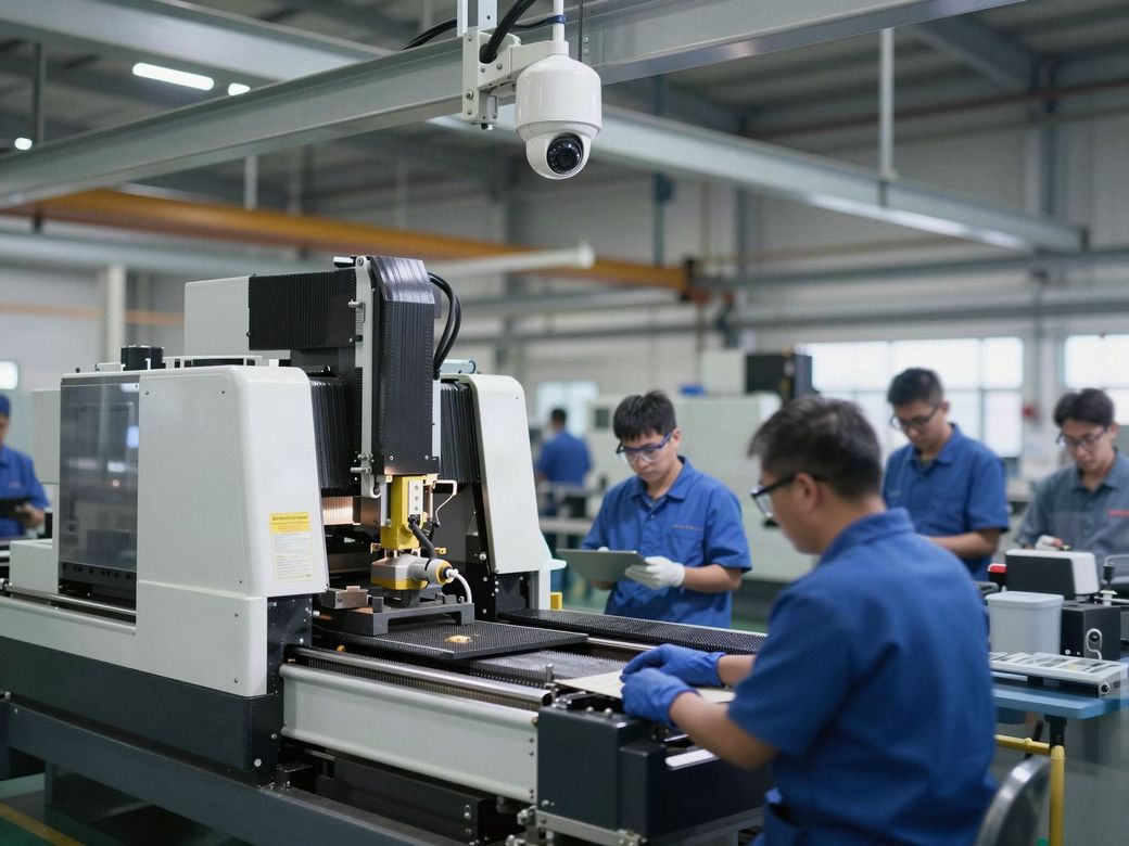 Workers running machinery on a manufacturing floor under a ceiling-mounted dome security camera