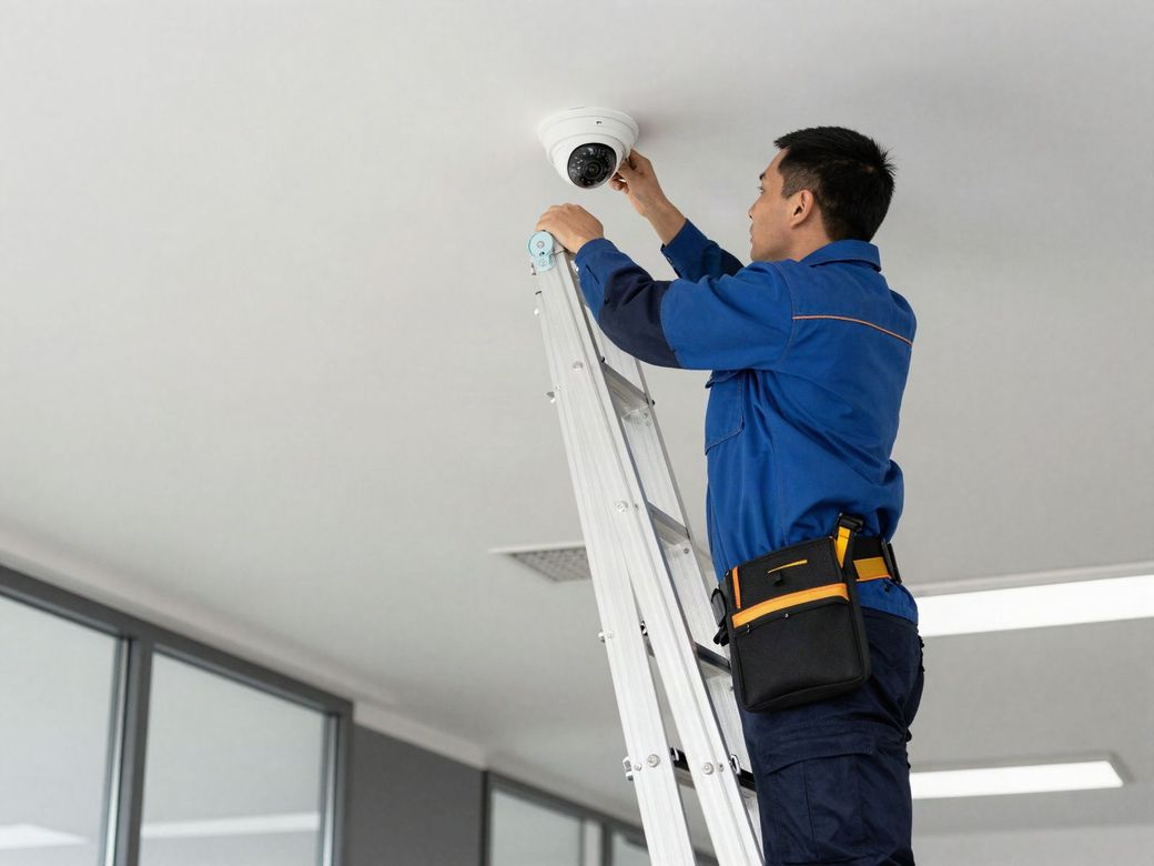 Security technician on a ladder installing a dome camera on a commercial ceiling