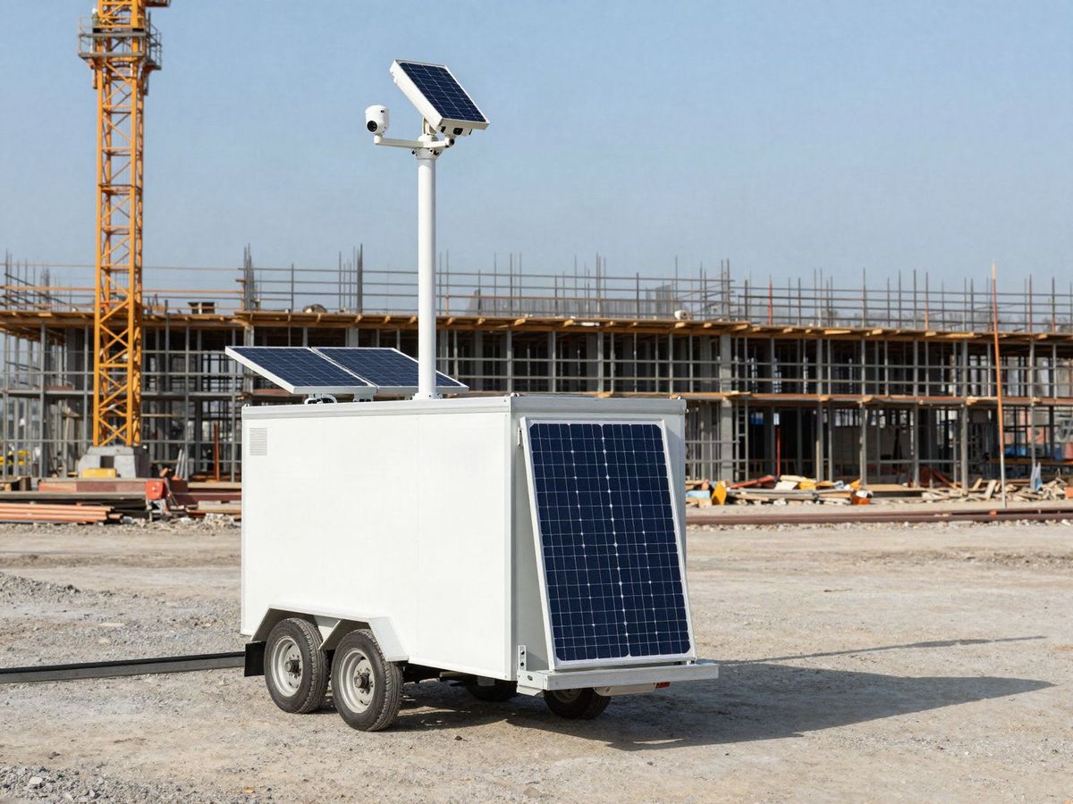 Solar-powered mobile camera trailer parked at a commercial construction site with a tower crane and steel framing