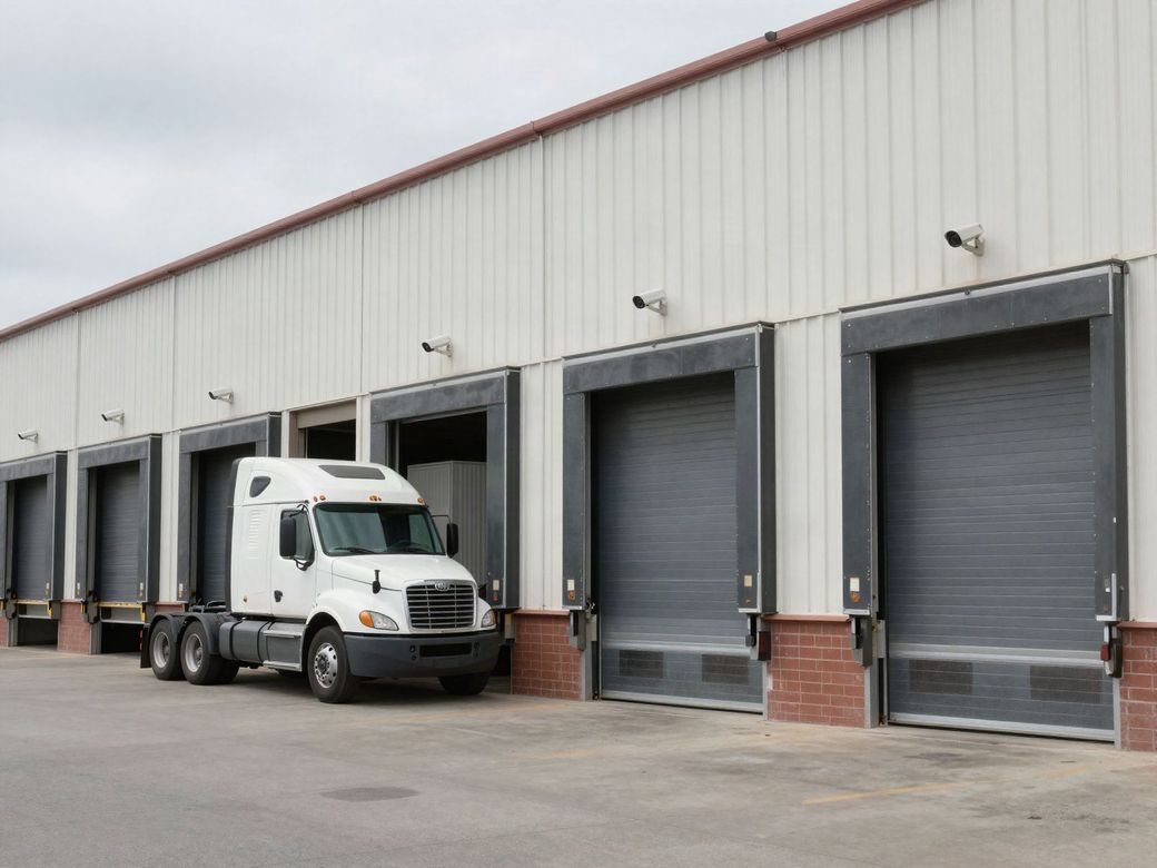 Warehouse loading docks with a truck at a bay and security cameras mounted above each dock door