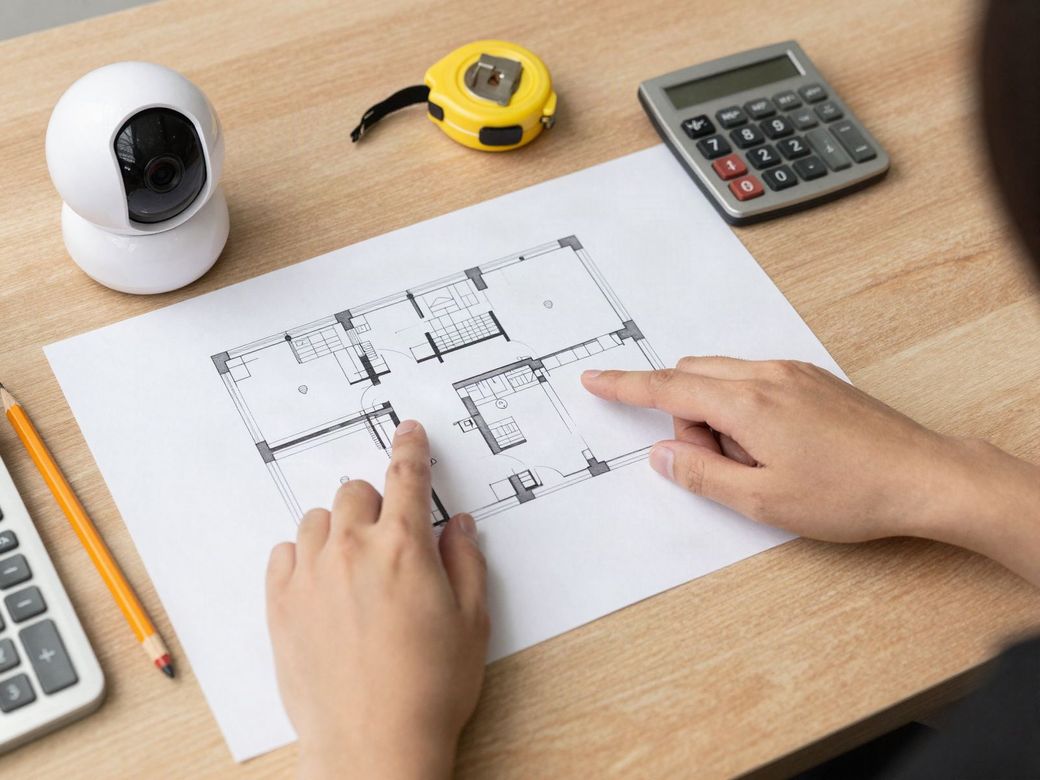 Hands reviewing a building floor plan on a desk beside a security camera, tape measure and calculator