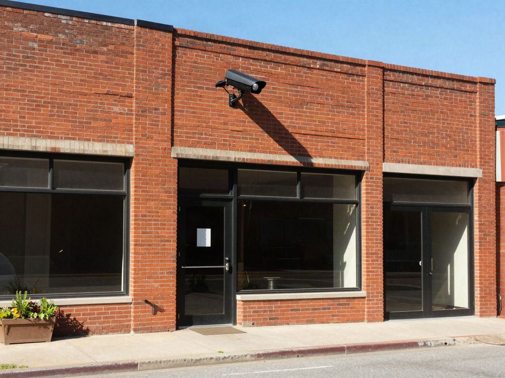 Downtown red brick retail building with a security camera mounted above the storefront